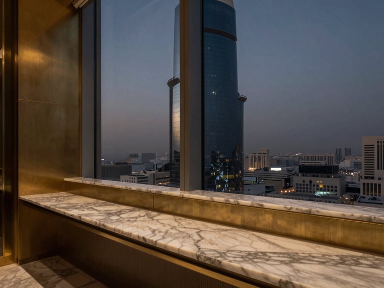 Moody architectural detail of a private office in Latifa Tower, Sheikh Zayed Road, with marble surfaces, warm brass accents, and twilight city views through the window.