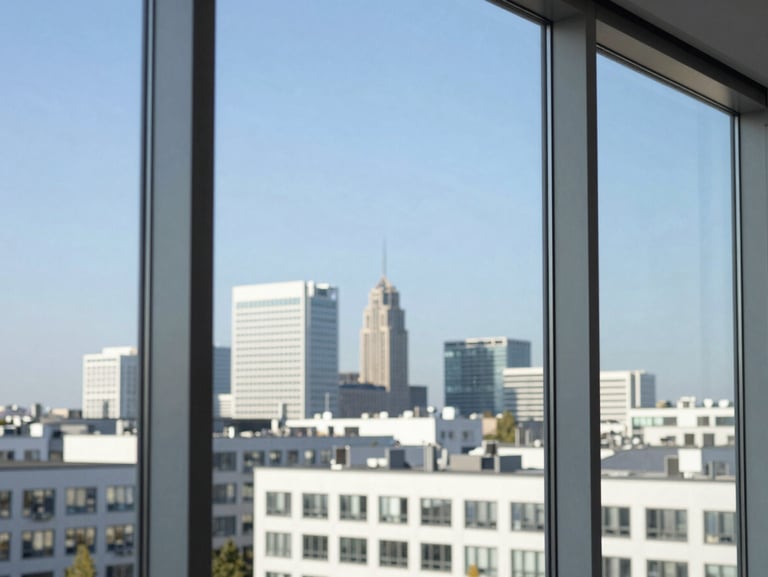 Close-up shot of the same office window pane, perfectly clean and streak-free, showing a sharp clear reflection of the Linz skyline under blue sky