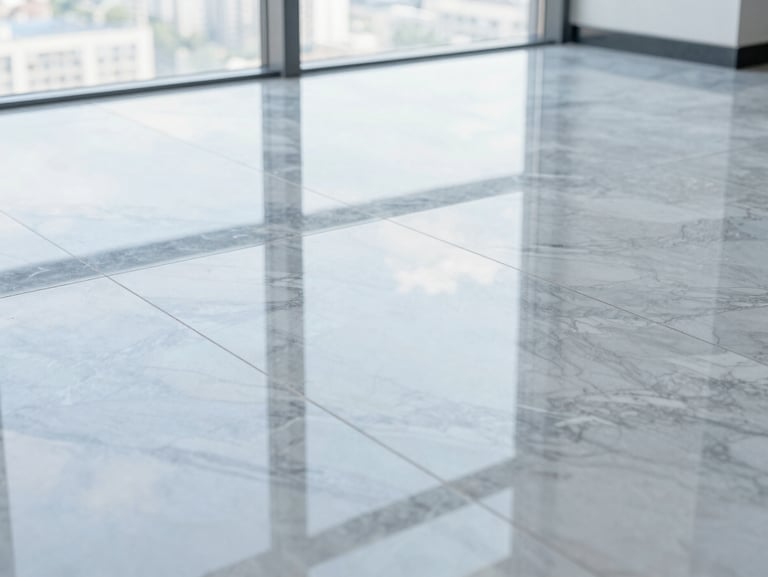 Close-up shot of the same grey marble floor, now polished to a high-gloss mirror finish reflecting a bright window, pristine and spotless