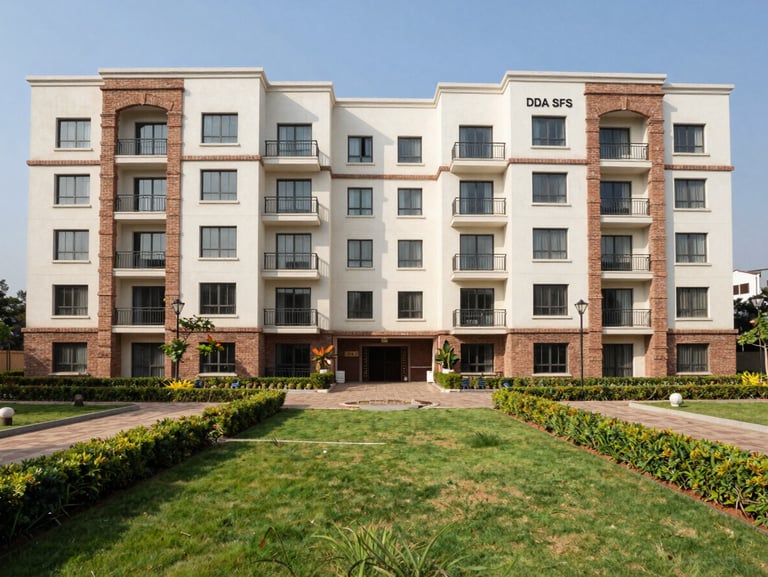Symmetrical architectural shot of premium DDA SFS apartments in Sector 19B Dwarka, showcasing manicured lawns, clean brick accents, and bright midday sun.