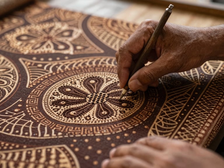 Close-up of hands crafting traditional batik fabric, warm natural lighting, detailed wax patterns on cloth, Javanese heritage craft