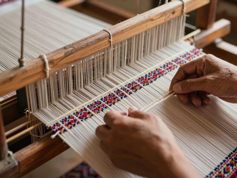 Close-up of hands weaving traditional lurik fabric on a wooden loom, warm natural light, detailed texture of threads.