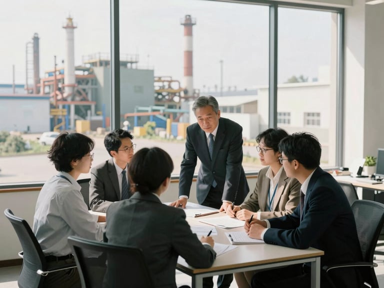 A bright, clean corporate office overlooking industrial facilities, professional team discussing plans around a table