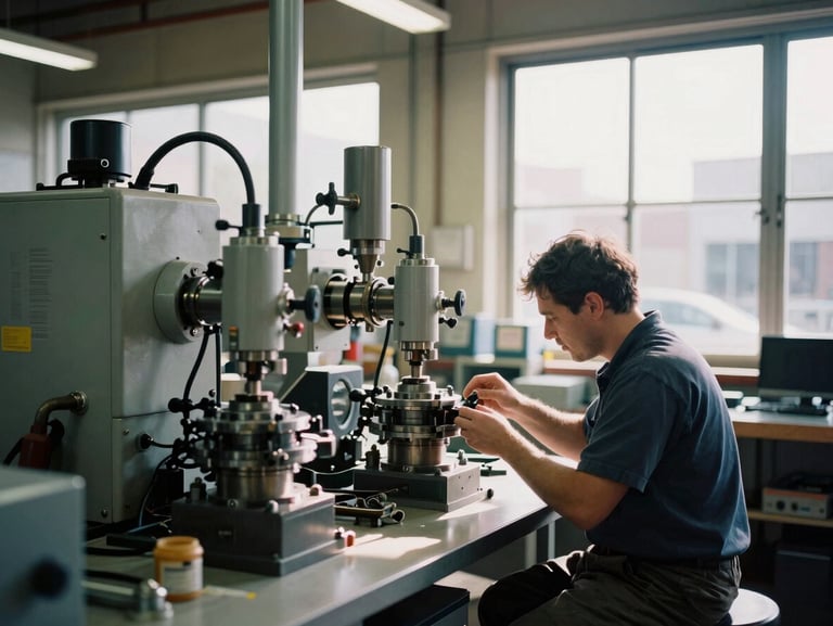 An advanced engineering workshop in Melbourne, clean machinery, a worker inspecting a component under natural window light