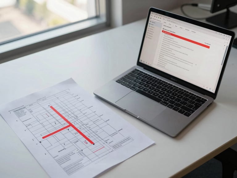 Wide overhead angle of a process map printed on paper beside an open laptop showing a configuration screen with agent logic rules highlighted in red, natural daylight from an office window, operations team desk environment