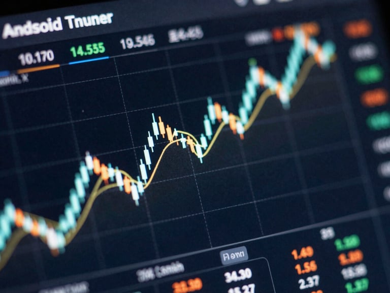 Macro landscape shot of a dark-themed Android interface showing a real-time financial trading chart with glowing cyber-mint lines on a physical screen.
