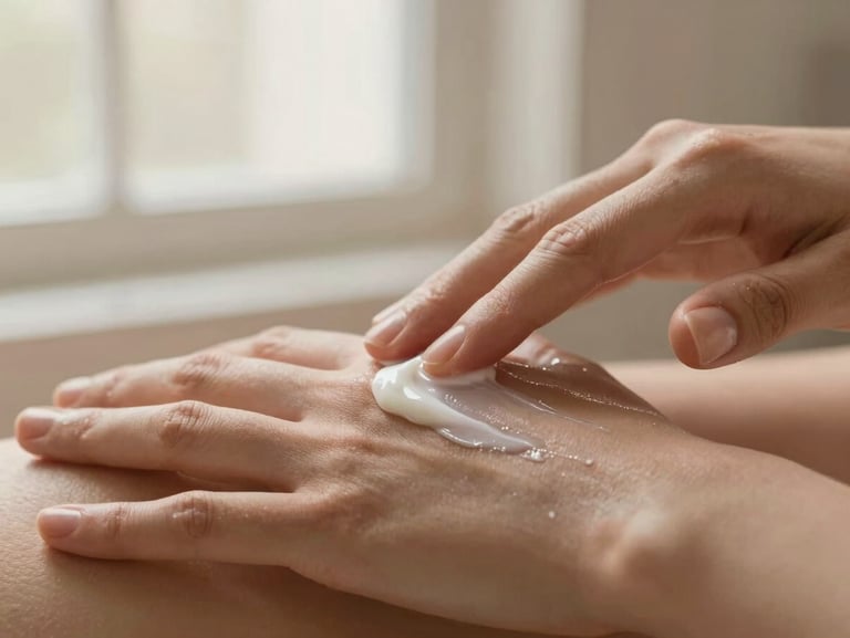 Tactile macro photography of hands gently massaging rich lotion onto skin, warm diffused afternoon window light, earthy cream and taupe tones, 35mm