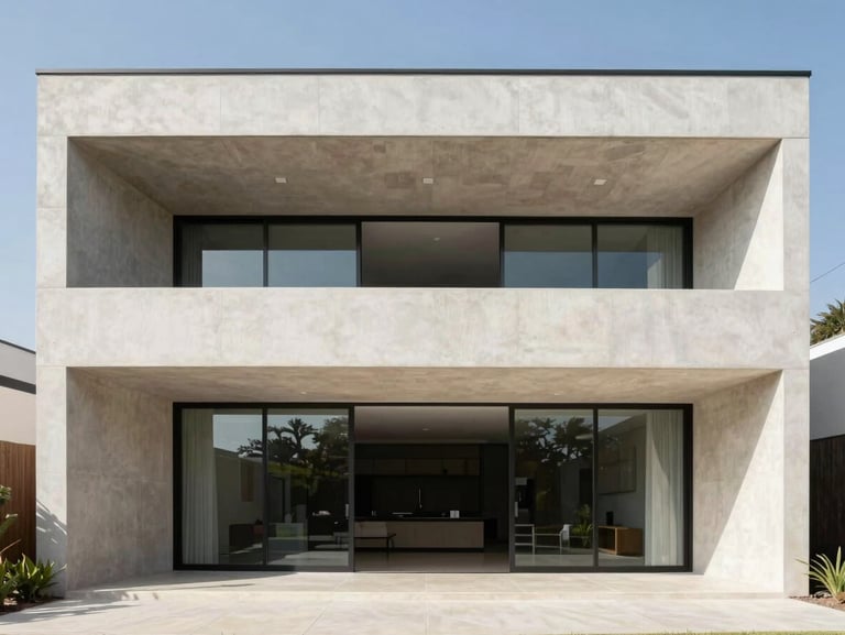 Crisp architectural photography of a modern luxury house facade in Tuxpan, clean geometric concrete structures, bright natural daylight, wide-angle lens
