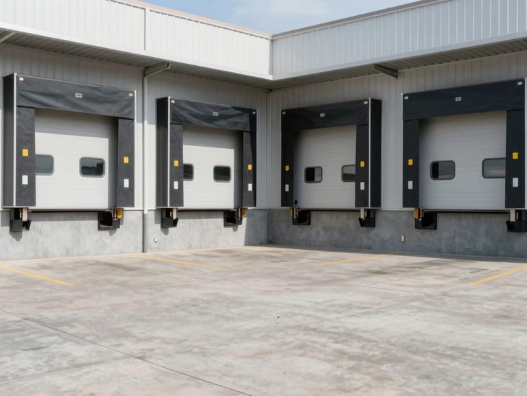 Modern industrial warehouse loading docks, clean concrete pavement, bright daylight, sharp focus, 35mm