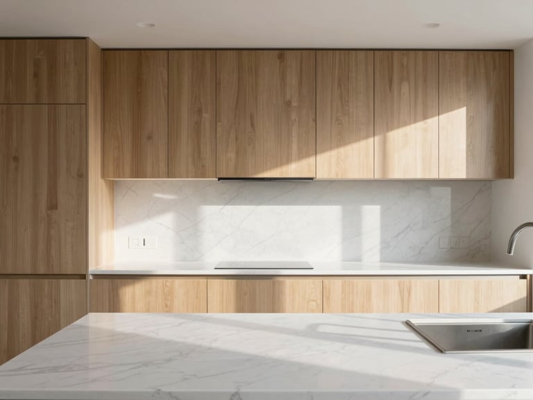 Crisp architectural photography of a modern minimalist kitchen, natural wood cabinetry, white marble countertops, soft morning daylight