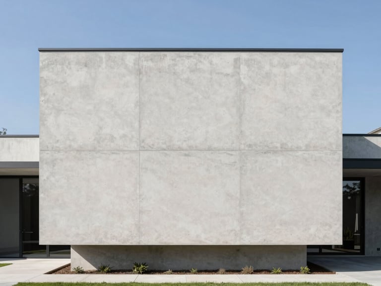 Modern concrete minimalist house facade, straight-on architectural elevation, bright natural daylight, sharp focus, 35mm
