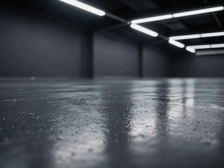 Macro detail shot of a flawless dark gray polyaspartic floor surface reflecting overhead linear LED lights, sharp focus, 35mm lens