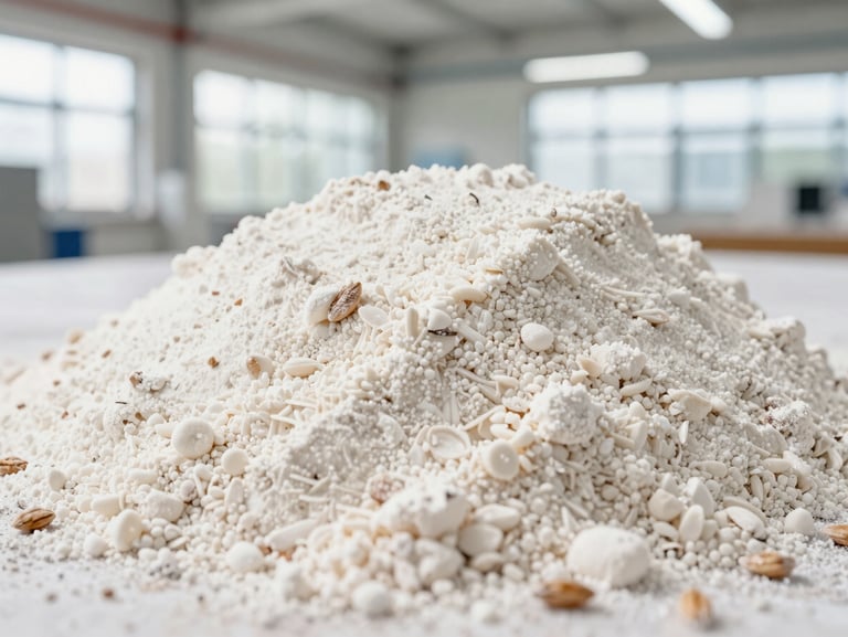 Macro close-up of high-quality wheat flour texture, bright natural daylight through factory windows, crisp details of fine grains, professional corporate aesthetic, 35mm