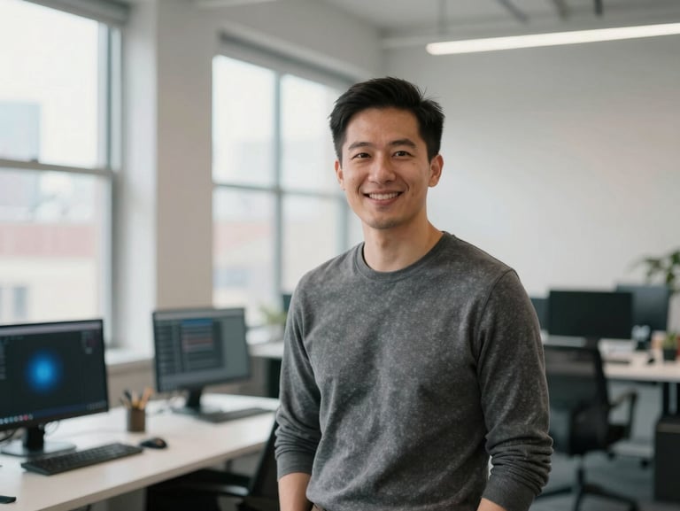 Professional portrait of a lead male software engineer in a bright Chicago loft office, natural window light, friendly and approachable.