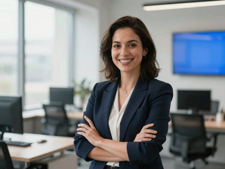Professional portrait of a female digital marketing strategist in a modern workspace, warm lighting, smiling and professional.