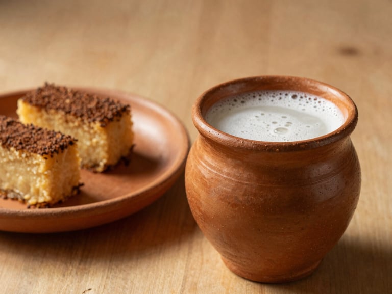 Artisanal mezcal cocktail in a clay cup next to a homemade traditional dessert, soft warm lighting, 35mm