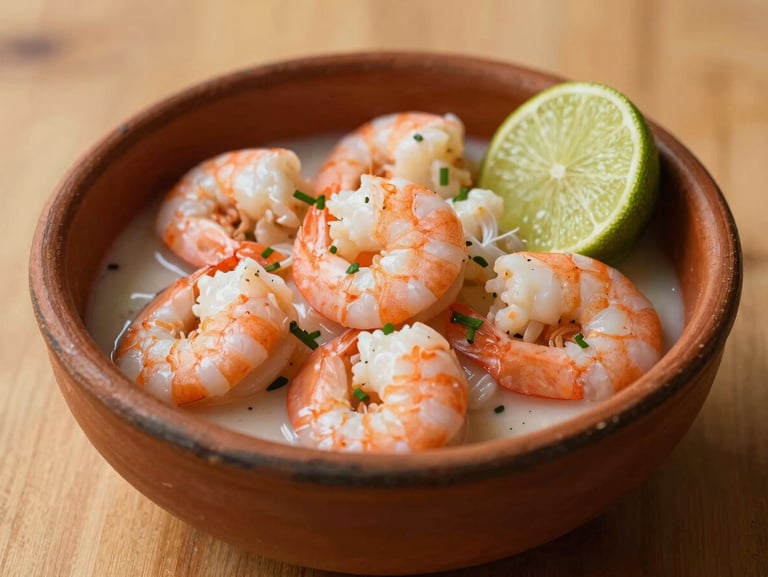 Fresh shrimp ceviche served in a traditional clay bowl with lime slices, warm natural light, 35mm