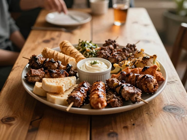 Abundant mixed grill platter at the center of a rustic wooden table, friends sharing, warm light, 35mm