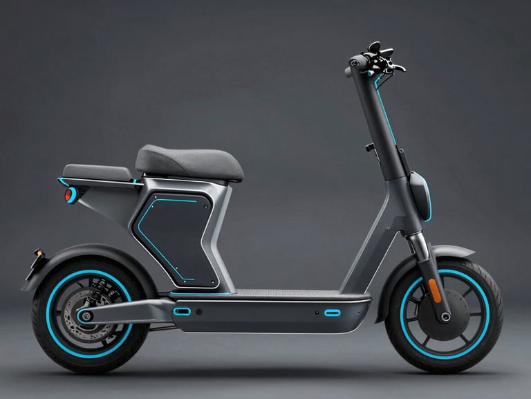 Technical studio schematic of a sleek electric scooter silhouette, highlighting the battery compartment and clean frame lines, electric cyan accents, dark grey background.