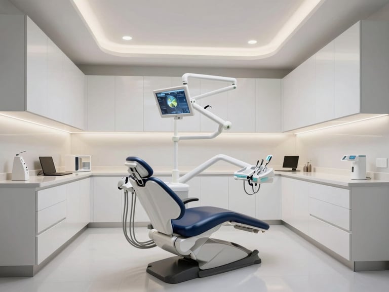 Symmetrical architectural shot of a modern dental clinic, integrated dental chair, seamless white cabinetry, cool lighting.