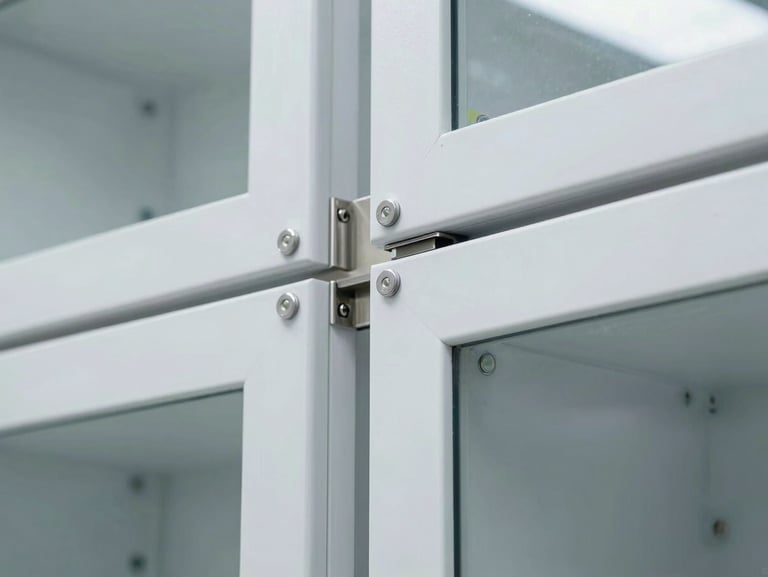 Close-up architectural shot of a custom medical cabinet joint, seamless white Corian meeting brushed stainless steel, cool clinical LED light reflecting off pristine glass.
