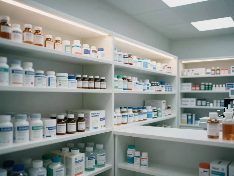 Ultra-clean pharmacy interior, geometric white shelving, integrated LED lighting, pharmaceutical storage systems.