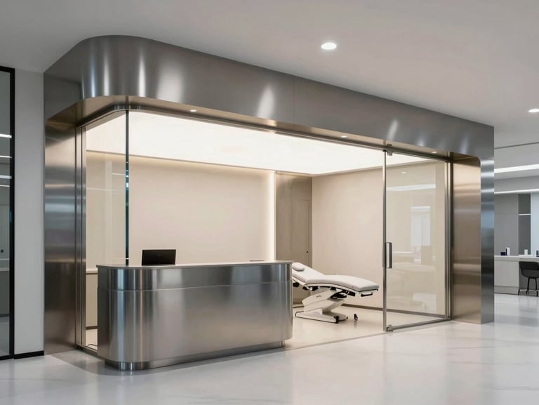 High-end aesthetic clinic interior, brushed steel details, architectural glass, minimalist reception and treatment zone.