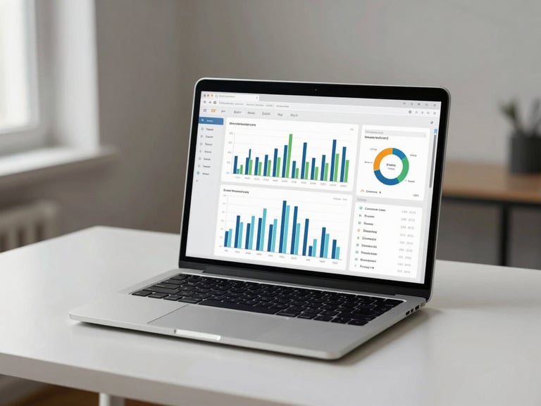 Laptop screen displaying a clean data dashboard with bar charts and key performance metrics, placed on a minimal white desk, neutral studio daylight from the left, no people visible, sharp focus on the screen