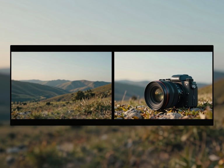 A landscape screenshot of a split-screen video ad frame, showing side-by-side product application with crisp borders.