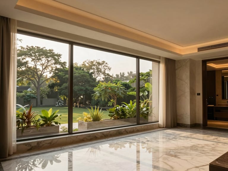 Sun-drenched modern luxury apartment interior in Vikhroli, high ceilings, premium Italian marble flooring, panoramic window viewing green canopy