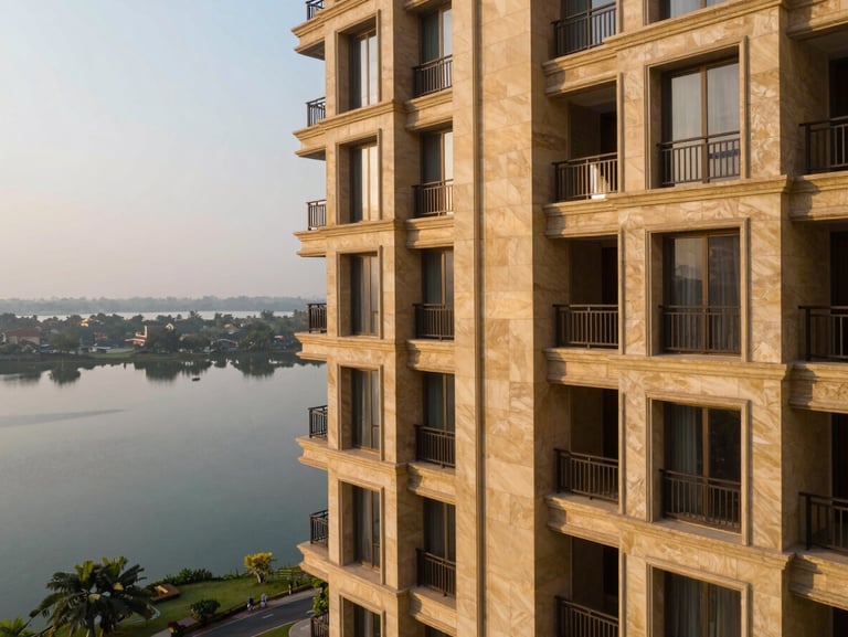 Golden-hour architectural view of a luxury residential tower balcony in Powai, overlooking serene lake waters, high-end stone finishes