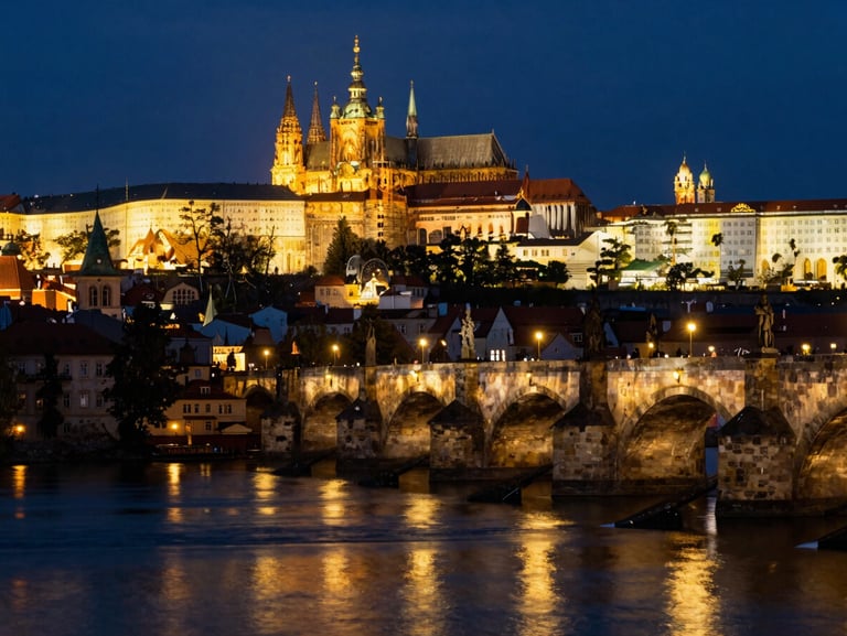 Atmospheric photo of Prague Charles Bridge at night, illuminated Prague Castle in the background, warm golden streetlights reflecting on the Vltava river, 35mm lens