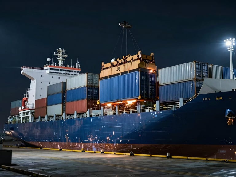 Dramatic wide-angle industrial shot of a cargo ship loading steel shipping containers at a dark port, high-contrast industrial floodlights casting long shadows, cool blue and steel tones, 35mm lens