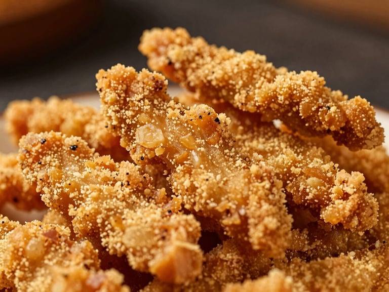Macro shot of a pile of golden-brown chicken breast strips, textured crispy breading, dark moody background, warm side lighting, shallow depth of field