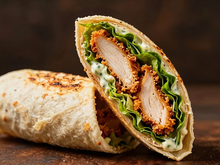 Close-up of a toasted chicken twister wrap cut in half, crispy chicken strips visible, fresh lettuce, garlic mayo, dark moody background, warm side lighting, shallow depth of field