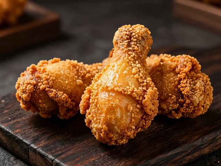 Close-up of three pieces of golden Kentucky fried chicken on a dark rustic board, crispy textured skin, dark moody background, warm side lighting, shallow depth of field