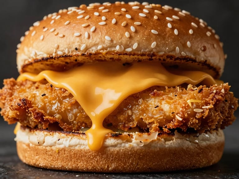 Macro shot of a towering zinger burger, melting cheddar cheese dripping down crispy golden chicken breast, toasted sesame bun, dark moody background, warm side lighting, shallow depth of field