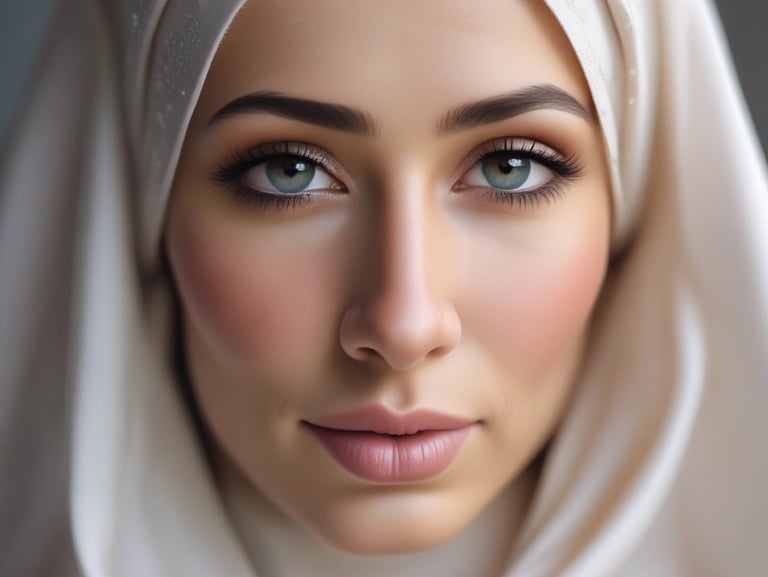 Photorealistic close-up of a beautiful Hijabi bride. She is wearing a simple, elegant silk Hijab. 