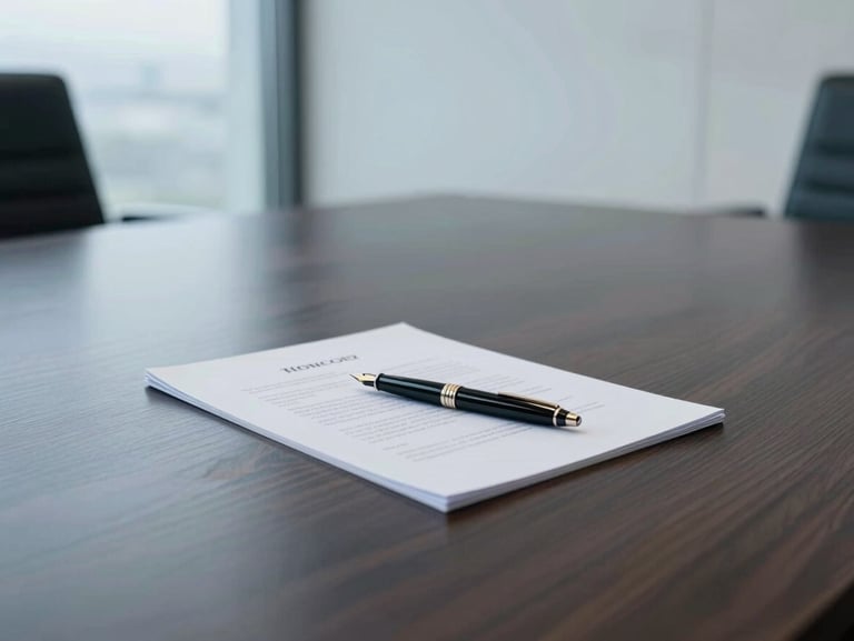 A minimalist executive boardroom with a polished dark wood table, a single luxury fountain pen resting on a crisp white contract document, cool overcast natural light