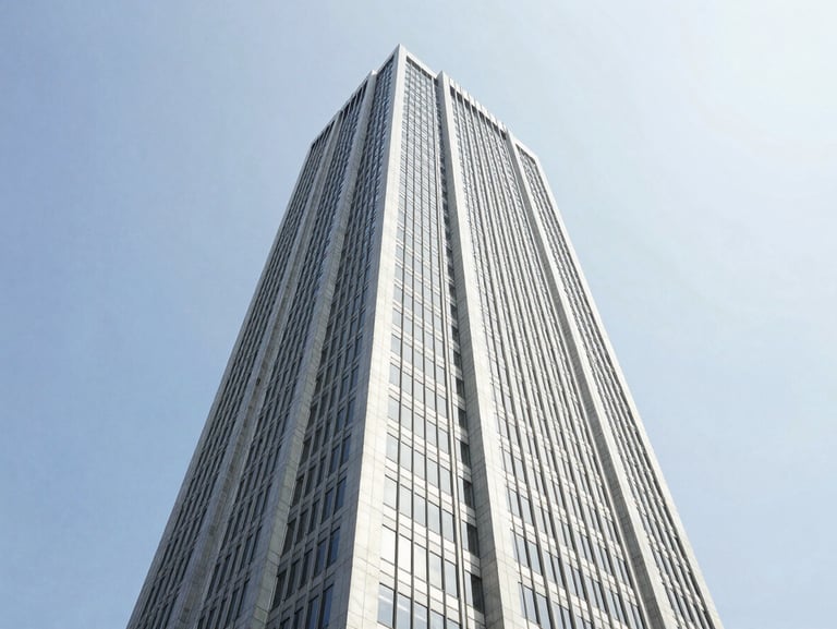 Wide-angle architectural photography of Menara Binjai corporate tower exterior, bright natural daylight, clean high-contrast corporate tones