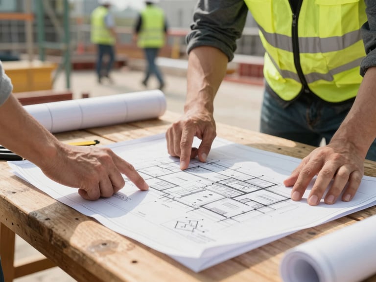 Close-up of a construction supervisor's hands reviewing architectural blueprints on a wooden table at a busy outdoor job site, bright natural daylight.