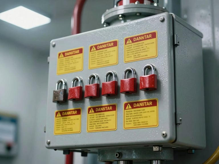 Close-up of a heavy industrial lockout box with multiple red padlocks and danger tags secured to a steel isolation switch under harsh overhead lighting.