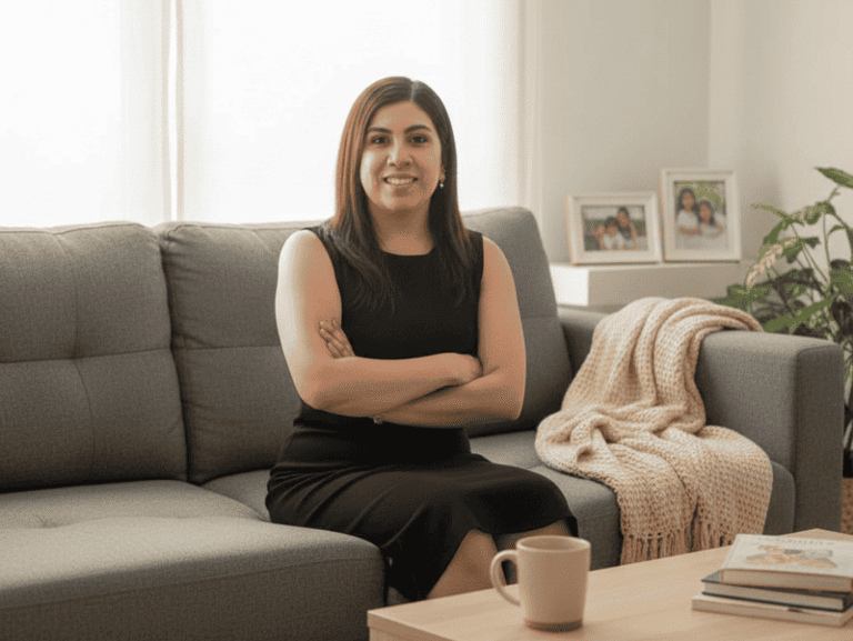 Dra Isis Alvarado Pediatra con vestido negro sentada en un sofá gris en una oficina en casa moderna.