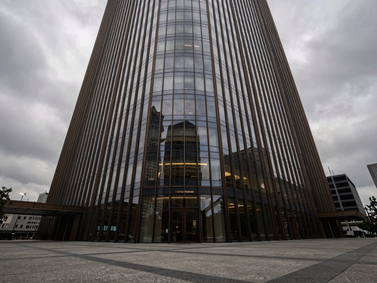 Extreme wide-angle shot of a modern glass office tower reflecting an overcast grey sky, monumental concrete plaza below