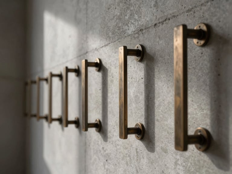 Close-up macro detail of bespoke bronze hardware and raw concrete wall inside a minimalist architectural studio in Paris, soft dramatic natural light