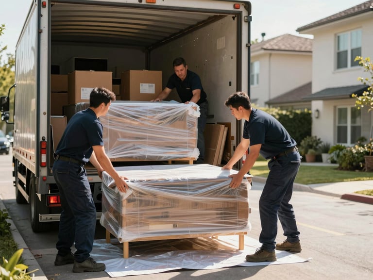 Crew members unloading wrapped furniture and boxes from a truck into a residential doorway on a sunny morning, pieces being carefully positioned on a tarp to protect the floor
