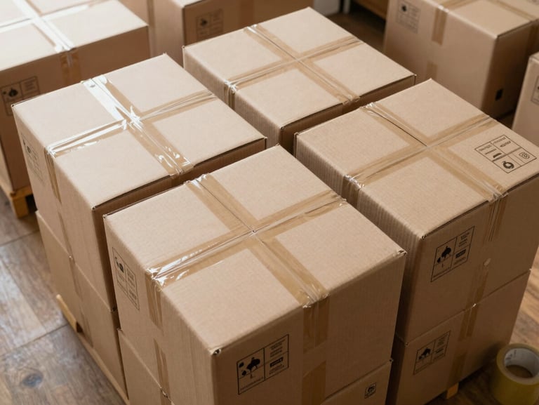 Wide overhead view of packed cardboard boxes labeled by room and fragility level, neatly stacked and organized on a wooden floor with packing tape rolls visible at the edge, natural daylight from above