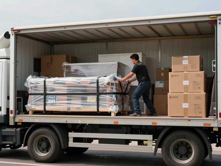 Side view of a moving truck being loaded with wrapped furniture and labeled boxes, crew member securing items with straps in daylight, truck interior visible and organized