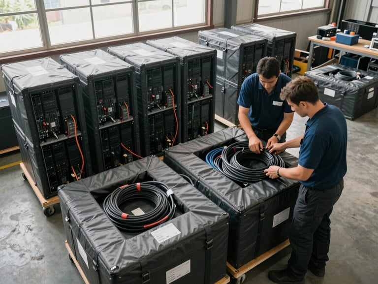 Overhead wide shot of two crew members securing computer equipment into padded transport boxes, cables neatly coiled, natural daylight from warehouse windows illuminating the work surface, boxes labeled with item codes, multiple IT units staged behind them ready for packing.