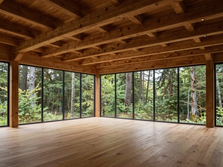 Wide-angle interior shot capturing spatial volume, exposed timber beams, and floor-to-ceiling glass looking into a forest, soft natural side-lighting.
